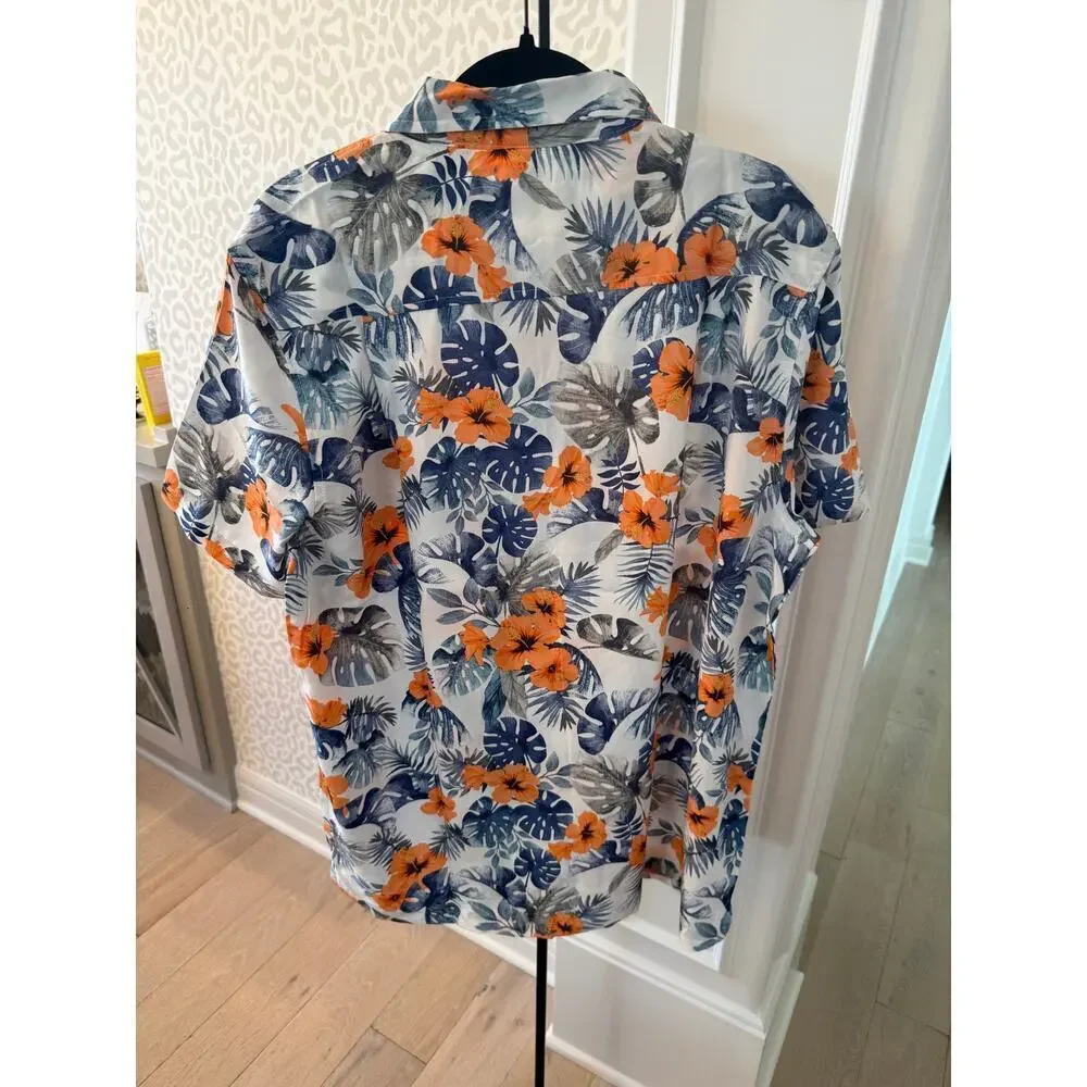 Havana Jim Men's White Blue Floral-Print Hawaiian Shirt Size L